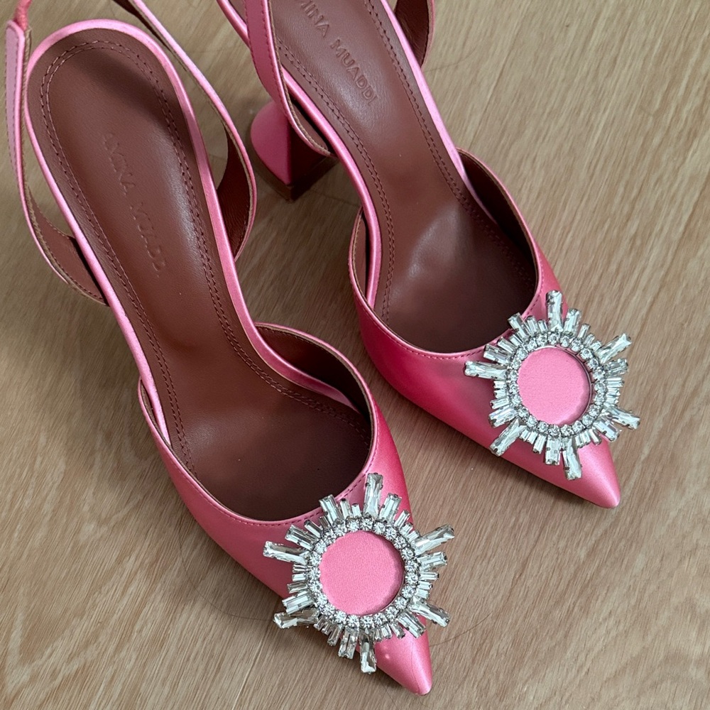 Amina Muaddi Pink Heels with Crystal Detail